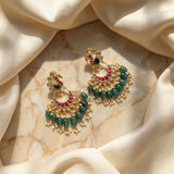 Jadau kundan peacock Chandbali with pearl and natural strawberry beads drop