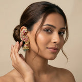 Jadau kundan peacock jhumkas with pearl and natural strawberry beads drop
