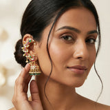 Jadau kundan peacock full earcuff jhumkas with pearl and natural strawberry beads drop
