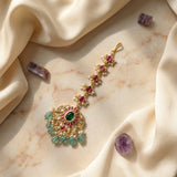 Jadau kundan tika with pearl and natural strawberry beads