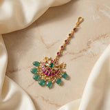 Jadau kundan floral tika with pearl and natural strawberry beads