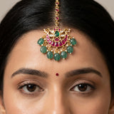 Jadau kundan floral tika with pearl and natural strawberry beads