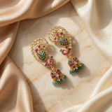 Jadau kundan full earcuff jhumkas with pearl and natural strawberry beads