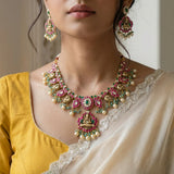 Jadau kundan+Antique goddess Laxmi necklace set with beads and pearls (With Earrings)