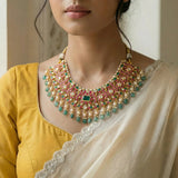 Jadau kundan peacock necklace with pearl and natural strawberry beads drop(No Earrings)
