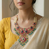 Jadau kundan peacock mango bridal necklace with pearl and natural strawberry beads drop(No Earrings)