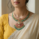 Jadau kundan peacock necklace with pearl and natural strawberry beads drop(Without earrings)