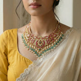 jadau kundan floral necklace with pearl and natural strawberry beads drop(WIthout Earrings)