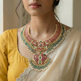 Jadau kundan peacock layer necklace with pearl and natural strawberry beads drop(No Earrings)