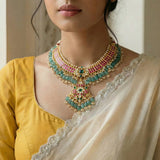 Jadau kundan 2 line necklace with pearl and natural strawberry beads drop(No Earrings)