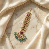 Jadau kundan floral chand tika with pearl and natural strawberry beads