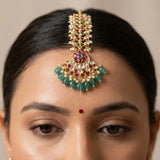 Jadau kundan floral chand tika with pearl and natural strawberry beads