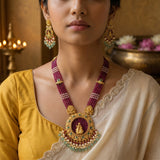 Temple/Antique Radha Krishna pendant Pearls/Beads Mala with pearl and natural strawberry beads(With Earrings)