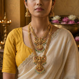 Temple/Antique combo Short and long Goddess Laxmi necklace with pearl and natural strawberry beads(With Earrings)