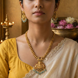 Temple/Antique goddess laxmi long necklace with pearl and natural strawberry beads drop(With Earrings)