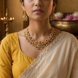 Temple/Antique Goddess Laxmi coral necklace with pearl and onyx beads drop(With Earrings)
