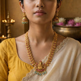 Jadau kundan + Temple/Antique Goddess Laxmi coin peacock necklace with pearl and natural strawberry beads(With Earrings)