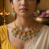Temple/Antique Goddess laxmi guttapusalu with pearl, natural strawberry and onyx beads(With Earrings)