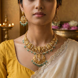 Temple/Antique God Balaji, Ganesh and goddess laxmi necklace with pearl and natural strawberry beads(With Earrings)