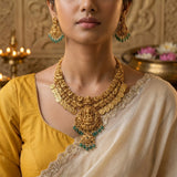 Temple/Antique goddess laxmi elephant coin necklace with pearl and natural strawberry beads(With Earrings)