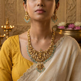 Temple/Antique goddess laxmi peacock long necklace with pearl and natural strawberry beads(With Earrings)