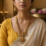 Temple/Antique Goddess laxmi peacock long necklace with pearl and natural strawberry beads drop(With Earrings)