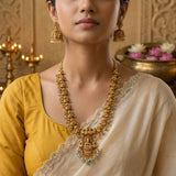 Temple/Antique Goddess laxmi peacock long necklace with pearl and natural strawberry beads drop(With Earrings)