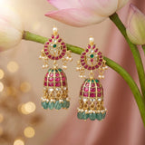 Jadau Kundan Floral Jhumka with Pearls Natural Strawberry Beads