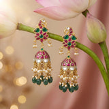 Jadau Kundan Peacock Jhumkas with Pearls and Natural Strawberry Beads