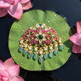 Jadau Kundan Peacock Floral Pendant With Pearl and Natural Strawberry Beads