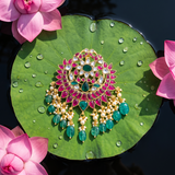 Jadau Kundan Peacock Floral Pendant With Pearl and Natural Strawberry Beads