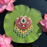 Jadau Kundan Floral Pendant with Pearl and Natural Strawberry Beads