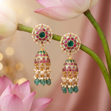 Jadau Kundan Floral Jhumkas with Rice Pearls and Natural Strawberry Beads