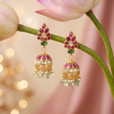 Jadau Kundan Floral Jhumkas with Pearls and Natural Strawberry Beads Drop