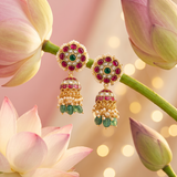 Jadau Kundan Floral Jhumkas with Pearls and Natural Strawberry Beads