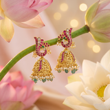 Jadau Kundan + Temple/Antique Peacock Jhumkas with Pearls and Strawberry Beads