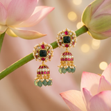 Jadau Kundan craving stone floral Jhumkas with Pearls and Natural Strawberry Beads