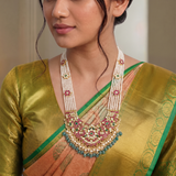 Jadau Kundan Peacock Pearls/Beads Mala with side lockets and Natural Strawberry Beads
