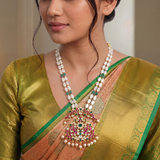 Jadau Kundan Peacock pendant Pearl/ Beads Mala Immitation Glass Beads with Pearl and Natural Strawberry Beads