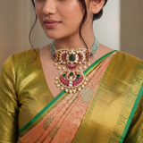 Jadau Kundan Peacock Craving Stone Choker With Pearl and Onyx Beads