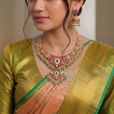 Jadau Kundan Floral Necklace with Pearl and Natural Strawberry Beads(With Jhumkas)