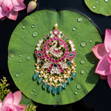 Jadau Kundan Peacock Round Pendant with Pearl and Natural Strawberry Beads