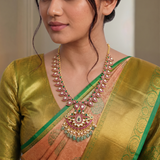 Jadau Kundan Peacock Mango Long Necklace With Pearl and Natural Strawberry Beads