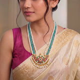 Jadau Kundan Peacock 3 line Pearls/ Beads Mala