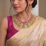 Jadau Kundan+ Temple/ Antique Peacock Mango Necklace with Ricepearl & Natural Strawberry Beads