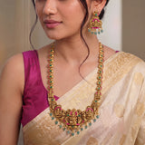 Jadau Kundan + Temple/Antique Goddess Laxmi Peacock Necklace with Pearl & Natural Strawberry Beads