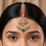 Jadau Kundan Bridal Peacock Tika with Pearls and Natural Strawberry Beads