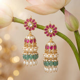 Jadau Kundan Floral Jhumkas Pearls and Natural Strawberry Beads