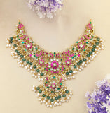 Jadau Kundan Peacock Floral Necklace with RicePearl & Natural Strawberry Beads
