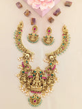 Jadau Kundan + Temple/Antique Goddess Laxmi Elephant and Peacock Necklace with RicePearl & Onyx